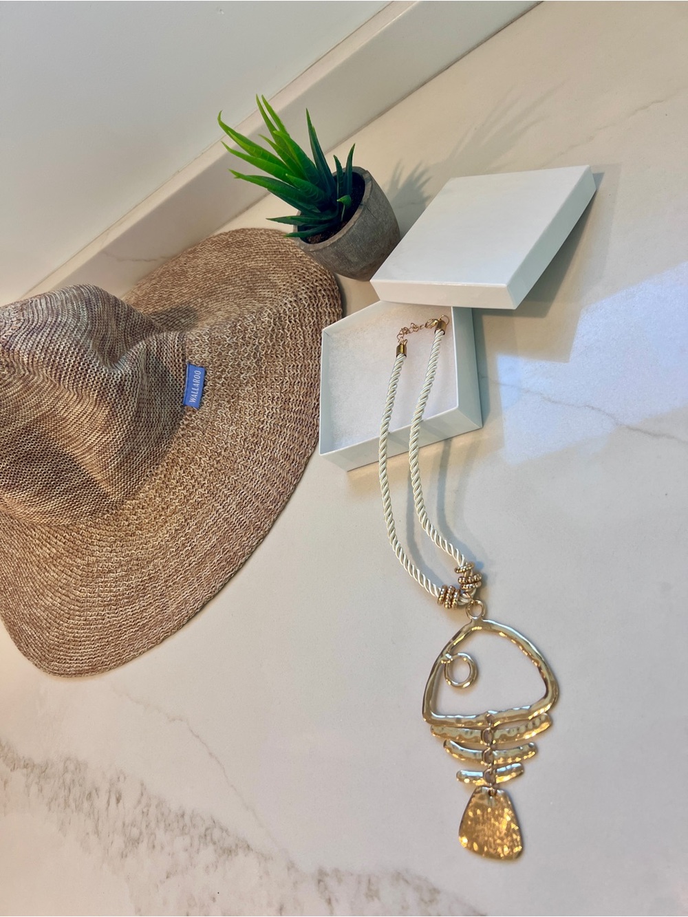 Gold Statement Pendant Necklace with Cream Rope Chain -